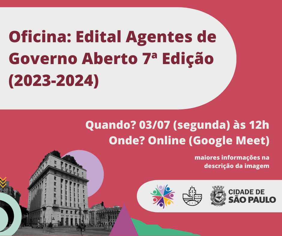 Assim, dia 03/07 as 12 horas, teremos a oficina do Programa Agentes de Governo Aberto, realizada pela Coordenadoria de Governo Aberto do Município de São Paulo. O Programa Agentes de Governo Aberto tem como objetivo engajar os cidadãos por meio de educação cívica, por meio da contratação de 36 Agentes. O valor da hora-aula chega a R$185,00, e o valor total da bolsa chega até R$7.400,00. Estudantes de graduação podem ser agentes de governo aberto!  Para saber mais sobre o Programa e como se tornar um Agente, participe de nossa Oficina on-line através do link: meet.google.com/nhx-kgeu-pqh  Para acessar o Edital: https://drive.google.com/file/d/1YP4NEwB9EX2qh4tC1iu5mwfMFl4gBbJk/view?usp=drive_link