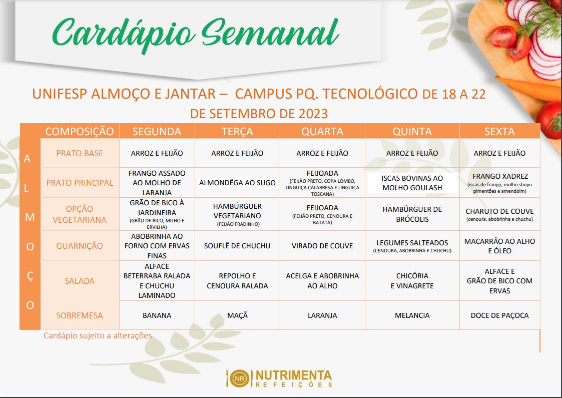 CARDÁPIO UNIFESP ALMOÇO DE 18 A 22 DE SETEMBRO DE 2023