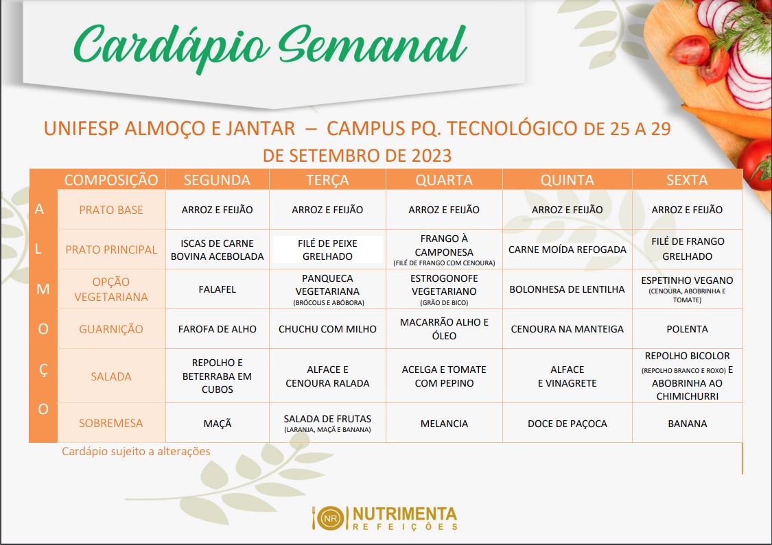 CARDÁPIO UNIFESP ALMOÇO DE 25 A 29 DE SETEMBRO DE 2023