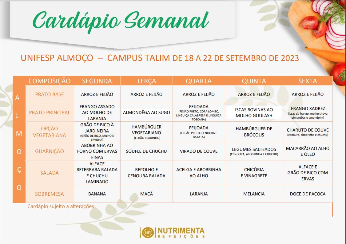 CARDÁPIO UNIFESP ALMOÇO DE 18 A 22 DE SETEMBRO DE 2023