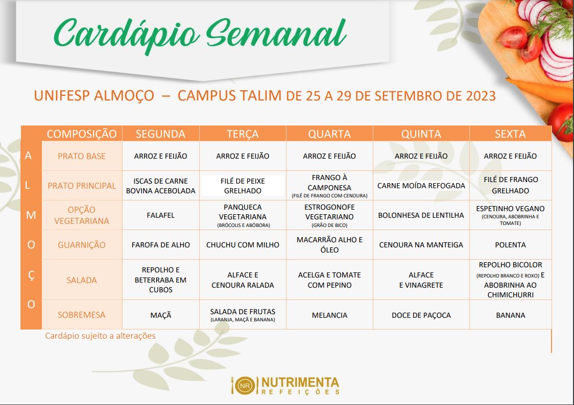 CARDÁPIO UNIFESP ALMOÇO DE 25 A 29 DE SETEMBRO DE 2023