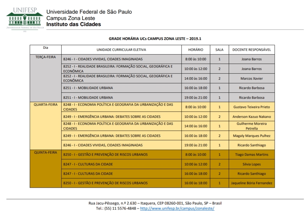 Campus Zona Leste   Horario Disciplinas eletivas