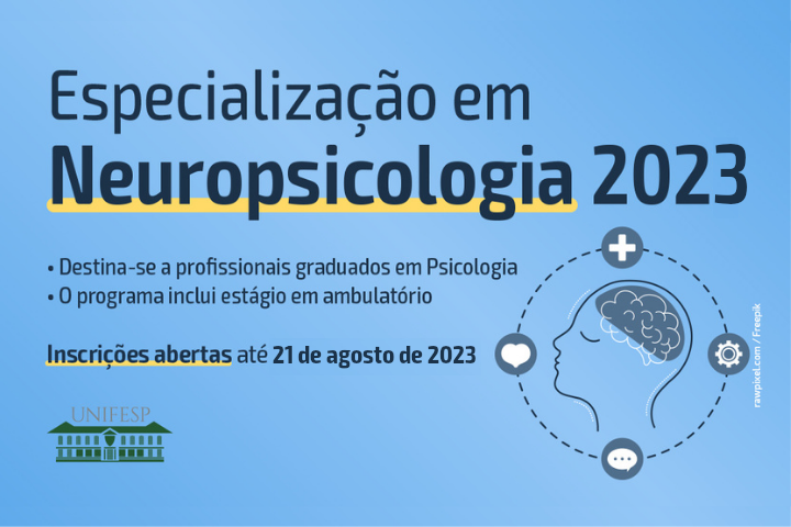 Arte em azul com o nome do curso em destaque e abaixo informações que contam no texto, com o desenho de um cérebro dentro de uma cabeça.