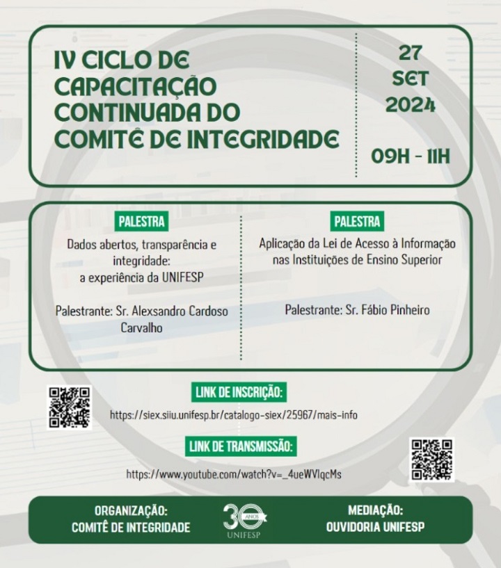 A imagem é um cartaz anunciando um evento intitulado IV Ciclo de Capacitação Continuada do Comitê de Integridade.  Título: O título principal 