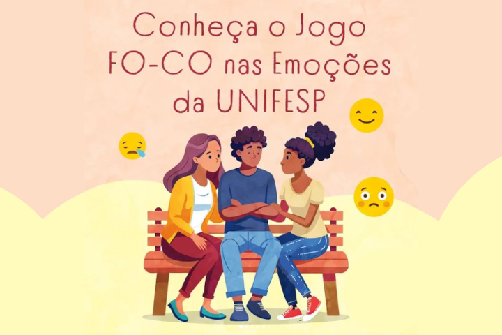 A imagem contém uma ilustração de três pessoas sentadas em um banco, em uma cena de apoio emocional. O texto na parte superior diz: 