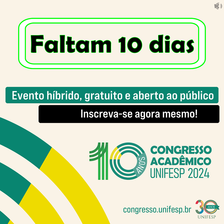 A imagem apresenta um convite visualmente impactante para o Congresso Acadêmico da UNIFESP 2024. As cores vibrantes e a tipografia clara direcionam o olhar do espectador para as informações mais importantes.  Elementos visuais e seu significado:  Fundo: O fundo claro e neutro serve como tela para os elementos mais coloridos e chamativos, garantindo que a mensagem seja transmitida de forma eficaz.