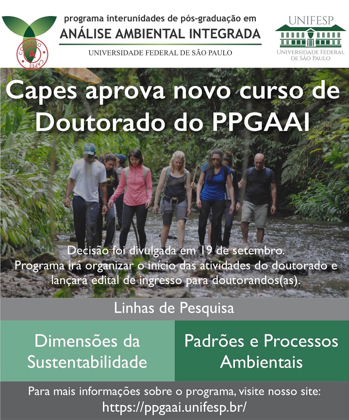 A imagem trata de um anúncio relacionado ao Programa Interunidades de Pós-Graduação em Análise Ambiental Integrada (PPGAAI) da Universidade Federal de São Paulo (UNIFESP), destacando a aprovação, pela CAPES, de um novo curso de doutorado.