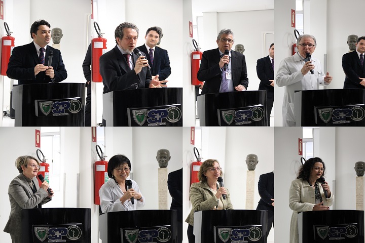 Mosaico com fotos. Da esquerda para direita, parte de cima: chefe da Disciplina de Neurologia Clínica, Fernando Morgadinho; presidente da Academia Brasileira de Neurologia e professor da Unifesp, Gilmar do Prado; professor titular da Disciplina de Neurocirurgia, Sergio Cavalheiro; superintendente do Hospital São Paulo, Roberto Ferraro. Da esquerda para direita, parte de baixo: diretora da Escola Paulista de Enfermagem, Janine Schirmer; diretora da Escola Paulista de Medicina, Emília Sato; diretora do Campus São Paulo, Rosana Puccini; reitora da Unifesp, Soraya Smaili.